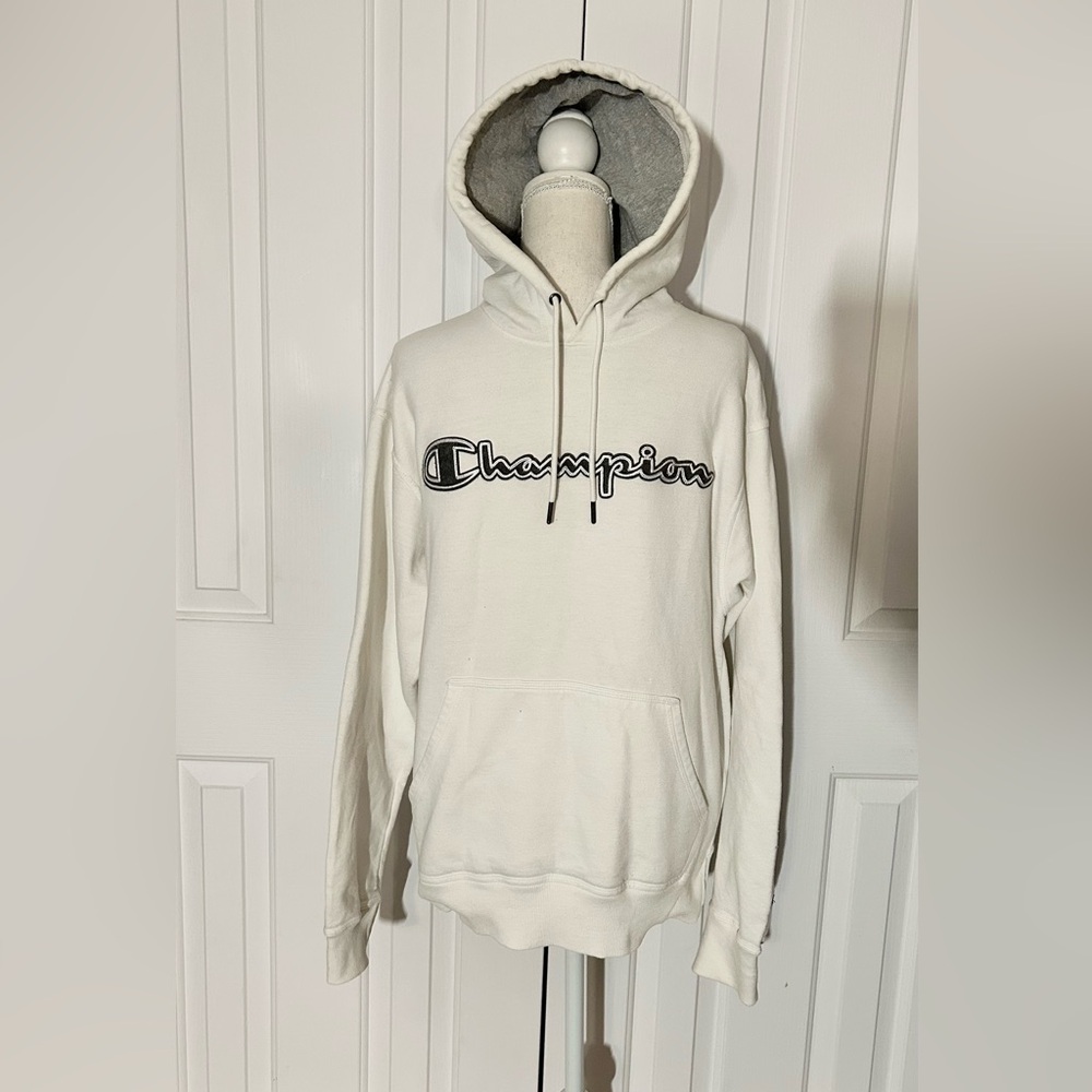 CHAMPION Men's White Hoodie Sweater, Embroidered Logo, Size Medium